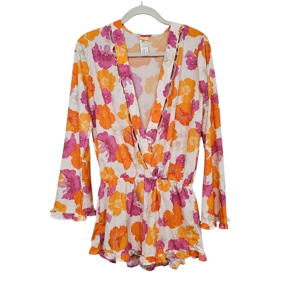Agua Bendita  × Revolve Larissa Cutout Floral Romper V-Neck Ruffle - Picture 1 of 8
